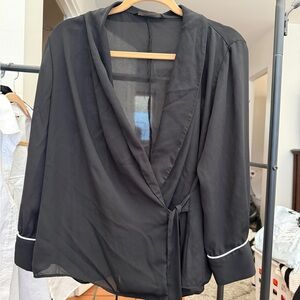 Zara basic black blouse white trim